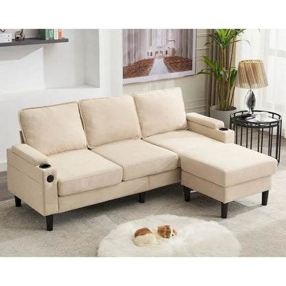 Canapé d'angle en tissu en forme de L avec pouf de rangement et port USB