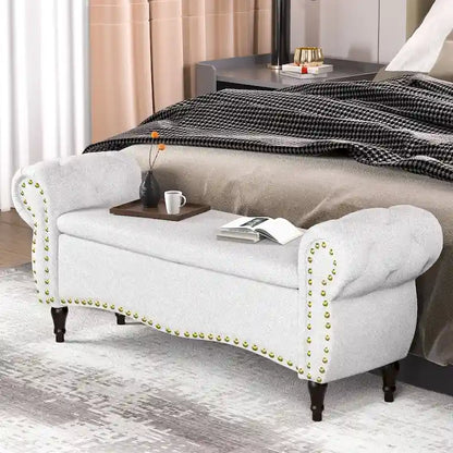Banc capitonné de 135 cm avec charnière de sécurité et accoudoirs arrondis, rangement au pied du lit
