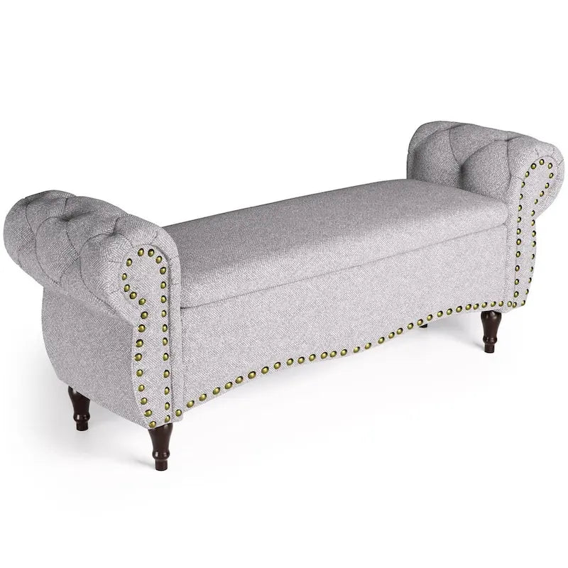 Banc capitonné de 135 cm avec charnière de sécurité et accoudoirs arrondis, rangement au pied du lit