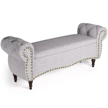 Banc capitonné de 135 cm avec charnière de sécurité et accoudoirs arrondis, rangement au pied du lit