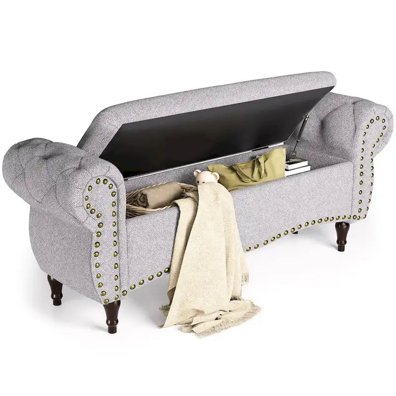 Banc capitonné de 135 cm avec charnière de sécurité et accoudoirs arrondis, rangement au pied du lit