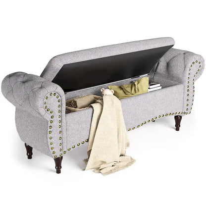 Banc capitonné de 135 cm avec charnière de sécurité et accoudoirs arrondis, rangement au pied du lit