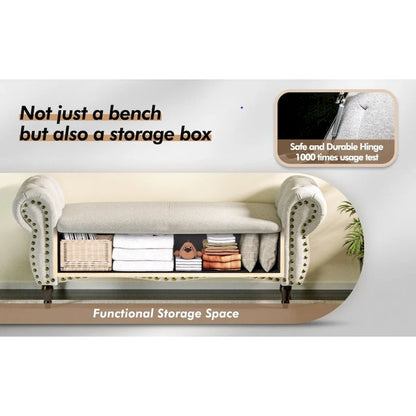 Banc capitonné de 135 cm avec charnière de sécurité et accoudoirs arrondis, rangement au pied du lit