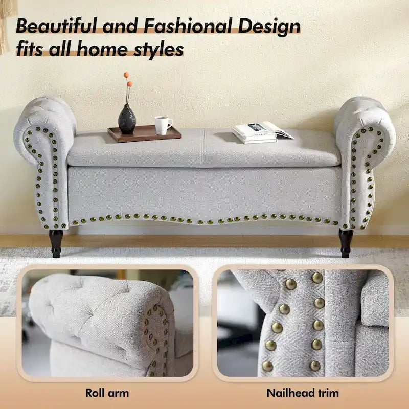 Banc capitonné de 135 cm avec charnière de sécurité et accoudoirs arrondis, rangement au pied du lit
