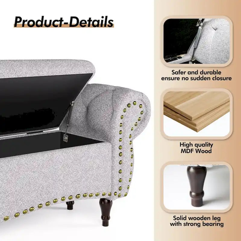 Banc capitonné de 135 cm avec charnière de sécurité et accoudoirs arrondis, rangement au pied du lit