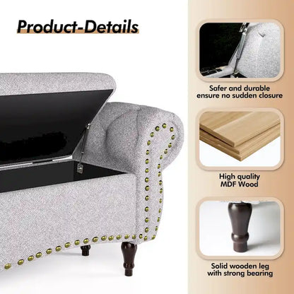Banc capitonné de 135 cm avec charnière de sécurité et accoudoirs arrondis, rangement au pied du lit