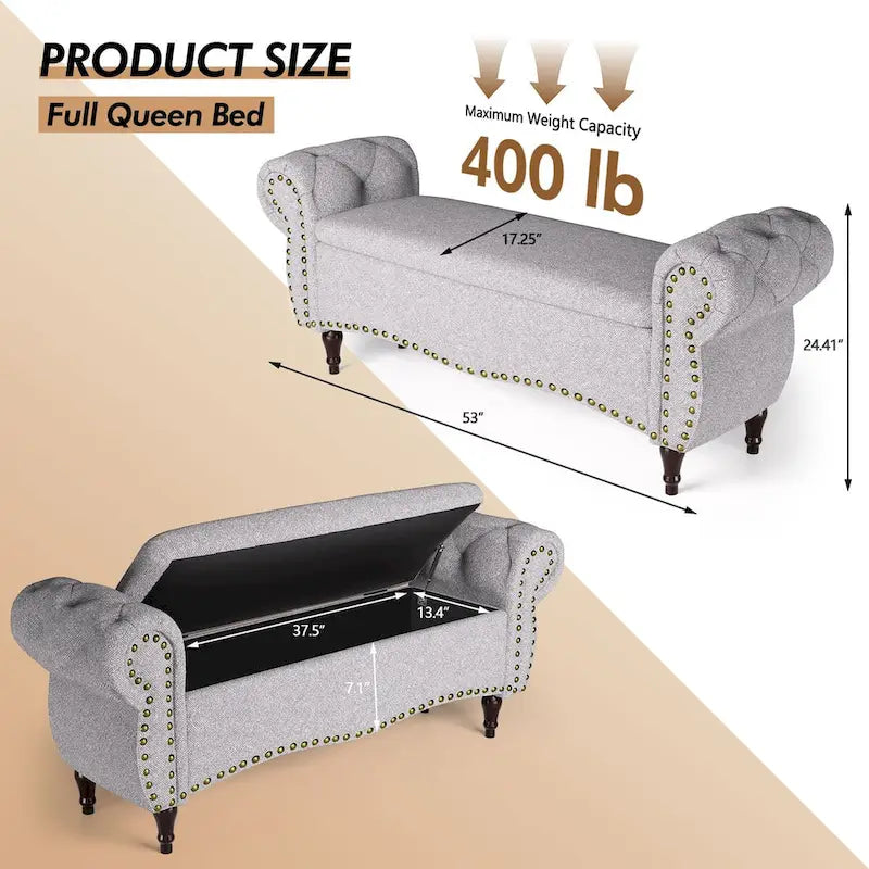 Banc capitonné de 135 cm avec charnière de sécurité et accoudoirs arrondis, rangement au pied du lit