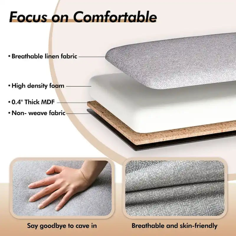 Banc capitonné de 135 cm avec charnière de sécurité et accoudoirs arrondis, rangement au pied du lit