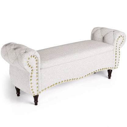 Banc capitonné de 135 cm avec charnière de sécurité et accoudoirs arrondis, rangement au pied du lit