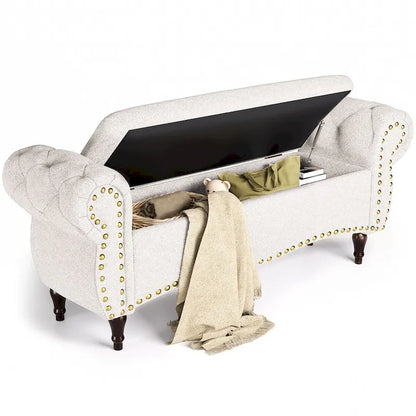 Banc capitonné de 135 cm avec charnière de sécurité et accoudoirs arrondis, rangement au pied du lit