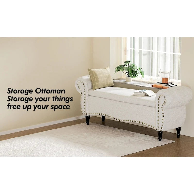 Banc capitonné de 135 cm avec charnière de sécurité et accoudoirs arrondis, rangement au pied du lit