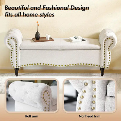 Banc capitonné de 135 cm avec charnière de sécurité et accoudoirs arrondis, rangement au pied du lit