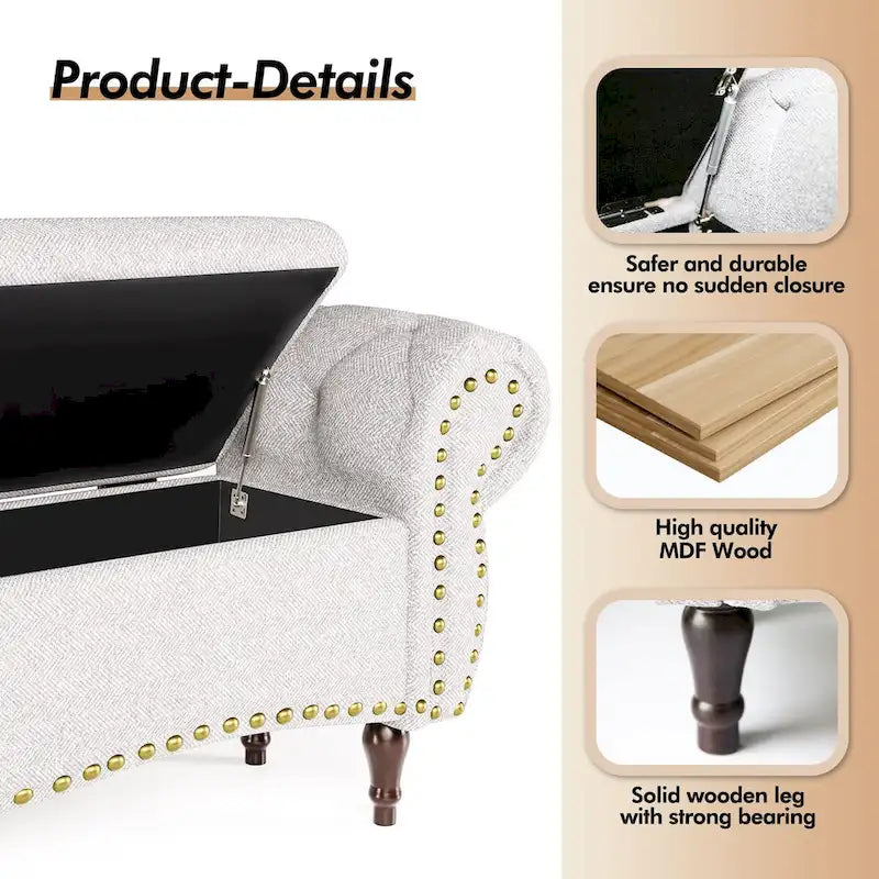Banc capitonné de 135 cm avec charnière de sécurité et accoudoirs arrondis, rangement au pied du lit