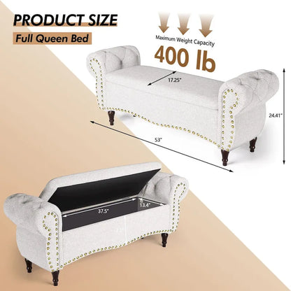 Banc capitonné de 135 cm avec charnière de sécurité et accoudoirs arrondis, rangement au pied du lit