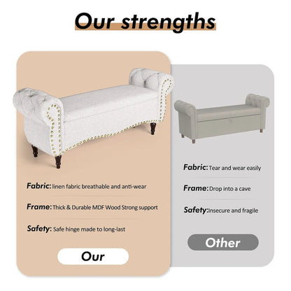 Banc capitonné de 135 cm avec charnière de sécurité et accoudoirs arrondis, rangement au pied du lit