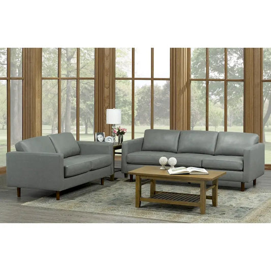Booker Mid Century Modern Grey Top Grain Italian Leather Tufted Sofa and Loveseat