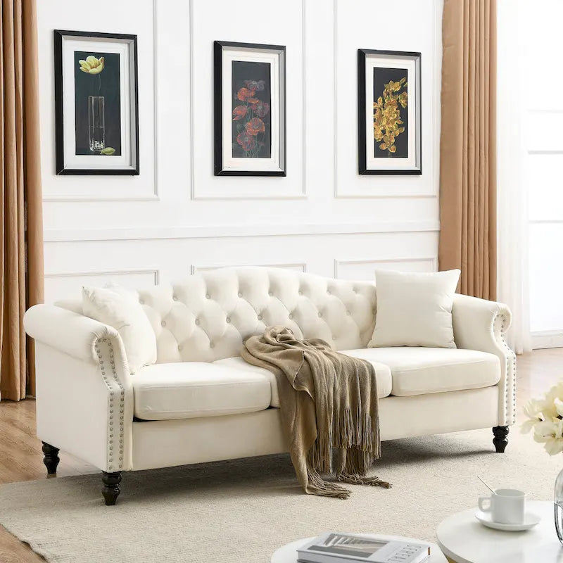 Chesterfield 3-Seater Upholstered Tufted Sofa with Rolled Arms and Nailhead