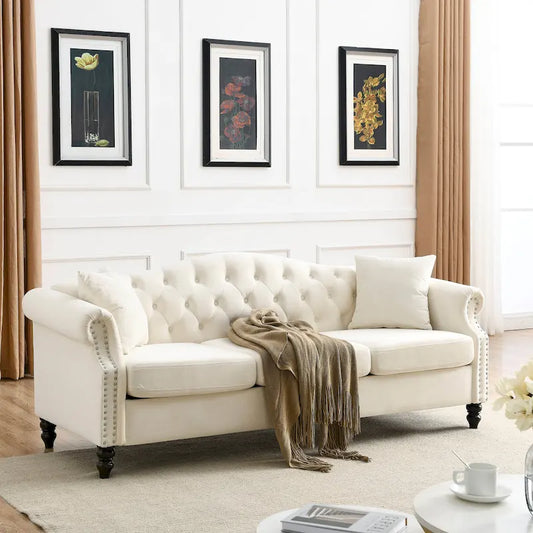 Chesterfield 3-Seater Upholstered Tufted Sofa with Rolled Arms and Nailhead