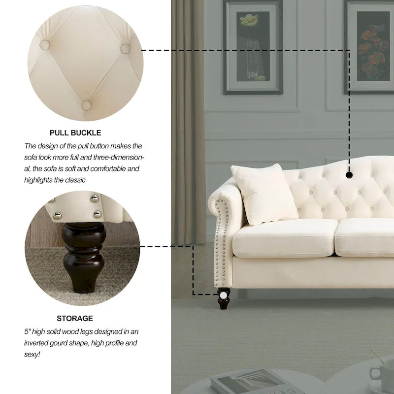 Canapé Chesterfield 3 places capitonné avec accoudoirs arrondis et clous décoratifs