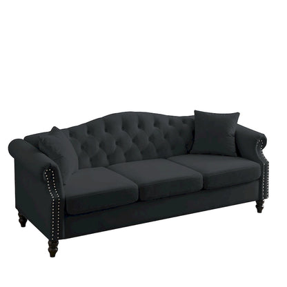 Canapé Chesterfield 3 places capitonné avec accoudoirs arrondis et clous décoratifs