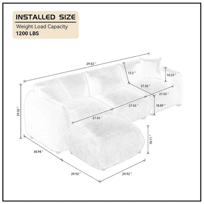 Canapé d'angle blanc confortable et moelleux, garni de duvet d'agneau, avec pouf