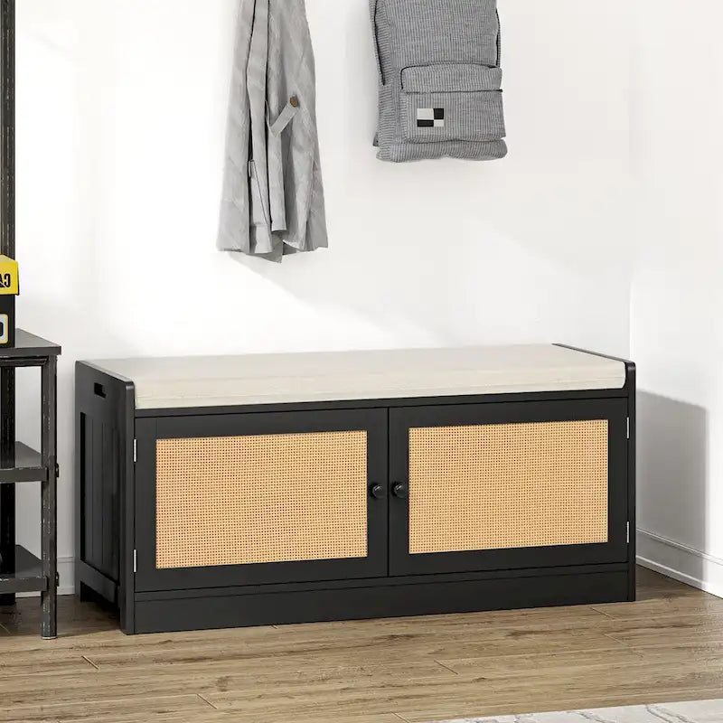 Anmytek Modern Wood Rattan Shoe Storage Bench with Cushion and Adjustable Shelves for Entryway - 39.8 W x 15.7 D x 18.1 H