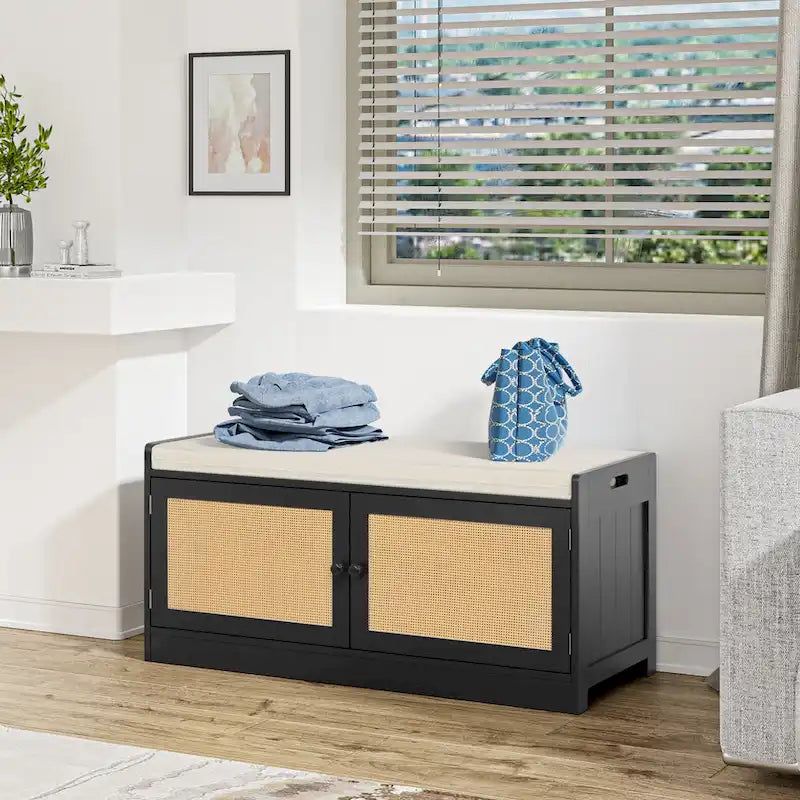Banc de rangement à chaussures moderne Anmytek en bois et rotin avec coussin et étagères réglables pour entrée - 39,8 cm (L) x 15,7 cm (P) x 18,1 cm (H)
