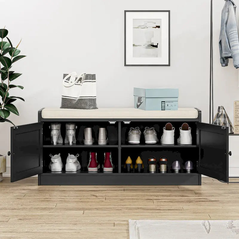 Banc de rangement à chaussures moderne Anmytek en bois et rotin avec coussin et étagères réglables pour entrée - 39,8 cm (L) x 15,7 cm (P) x 18,1 cm (H)