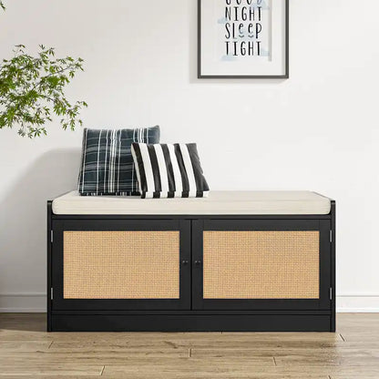 Banc de rangement à chaussures moderne Anmytek en bois et rotin avec coussin et étagères réglables pour entrée - 39,8 cm (L) x 15,7 cm (P) x 18,1 cm (H)