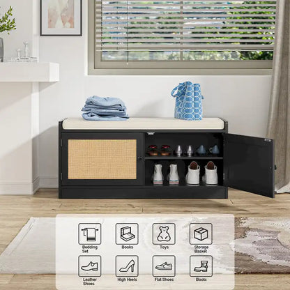 Banc de rangement à chaussures moderne Anmytek en bois et rotin avec coussin et étagères réglables pour entrée - 39,8 cm (L) x 15,7 cm (P) x 18,1 cm (H)