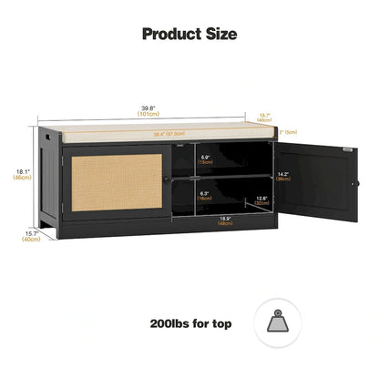 Banc de rangement à chaussures moderne Anmytek en bois et rotin avec coussin et étagères réglables pour entrée - 39,8 cm (L) x 15,7 cm (P) x 18,1 cm (H)