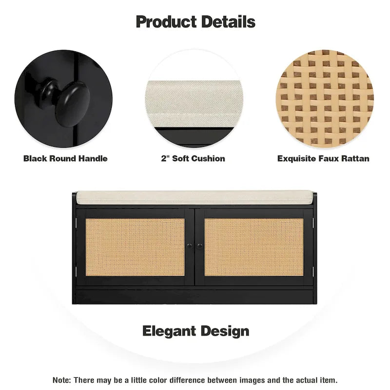 Banc de rangement à chaussures moderne Anmytek en bois et rotin avec coussin et étagères réglables pour entrée - 39,8 cm (L) x 15,7 cm (P) x 18,1 cm (H)