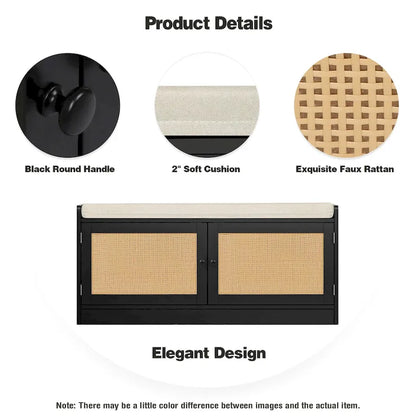 Banc de rangement à chaussures moderne Anmytek en bois et rotin avec coussin et étagères réglables pour entrée - 39,8 cm (L) x 15,7 cm (P) x 18,1 cm (H)