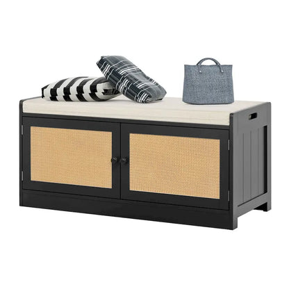 Banc de rangement à chaussures moderne Anmytek en bois et rotin avec coussin et étagères réglables pour entrée - 39,8 cm (L) x 15,7 cm (P) x 18,1 cm (H)