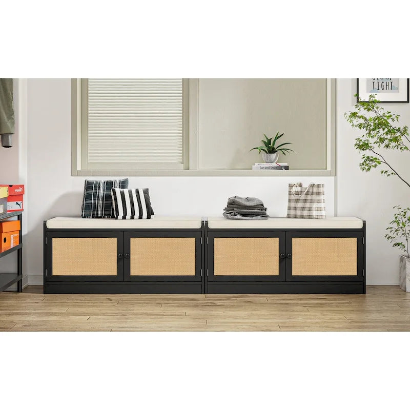 Banc de rangement à chaussures moderne Anmytek en bois et rotin avec coussin et étagères réglables pour entrée - 39,8 cm (L) x 15,7 cm (P) x 18,1 cm (H)