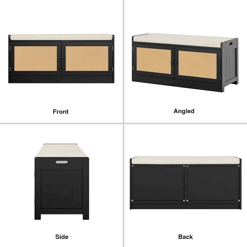 Banc de rangement à chaussures moderne Anmytek en bois et rotin avec coussin et étagères réglables pour entrée - 39,8 cm (L) x 15,7 cm (P) x 18,1 cm (H)