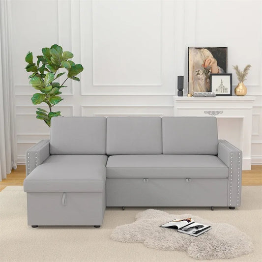 85 3 Seater Sleeper Sofa with Storage Chaise, Pull and Copper Nail