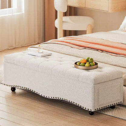 Banc coffre ottoman capitonné de 48,5 cm avec garnitures cloutées et 2 grandes poches latérales pour chambre, salon, entrée