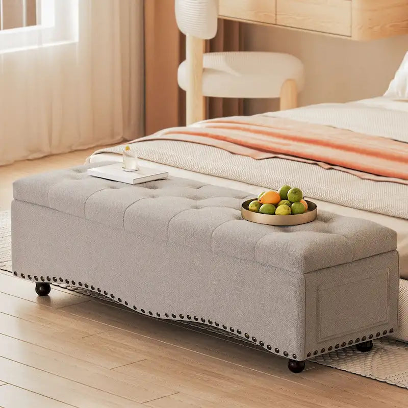 Banc coffre ottoman capitonné de 48,5 cm avec garnitures cloutées et 2 grandes poches latérales pour chambre, salon, entrée