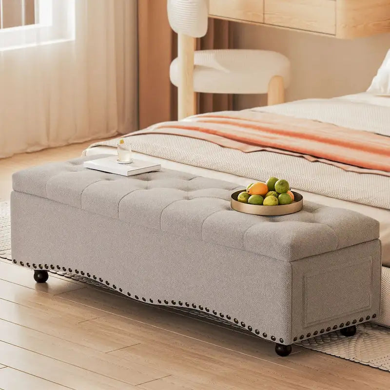 Banc coffre ottoman capitonné de 48,5 cm avec garnitures cloutées et 2 grandes poches latérales pour chambre, salon, entrée