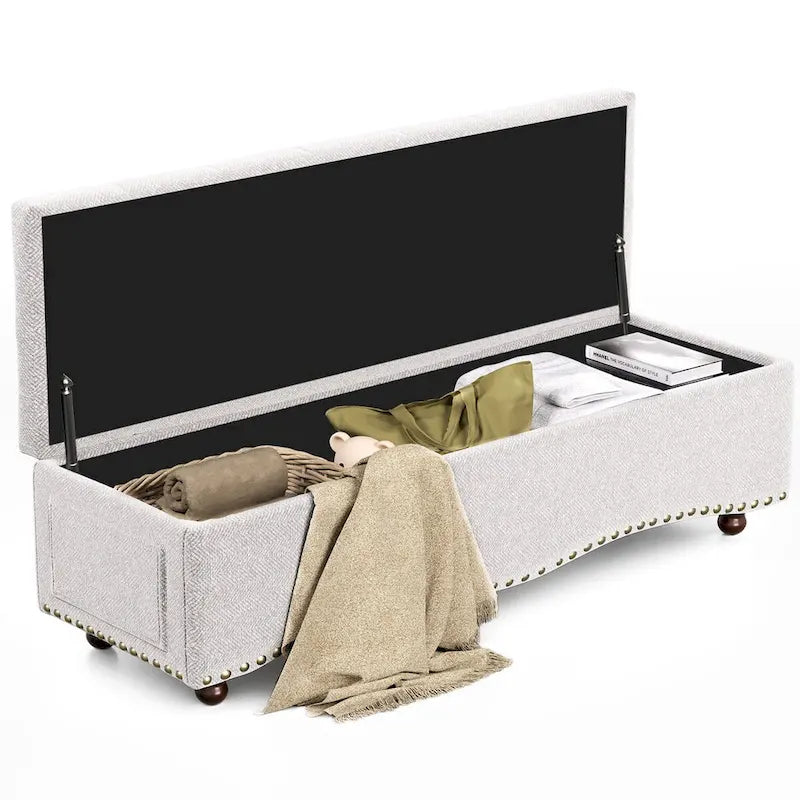 Banc coffre ottoman capitonné de 48,5 cm avec garnitures cloutées et 2 grandes poches latérales pour chambre, salon, entrée