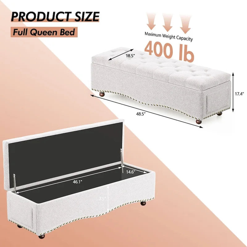 Banc coffre ottoman capitonné de 48,5 cm avec garnitures cloutées et 2 grandes poches latérales pour chambre, salon, entrée