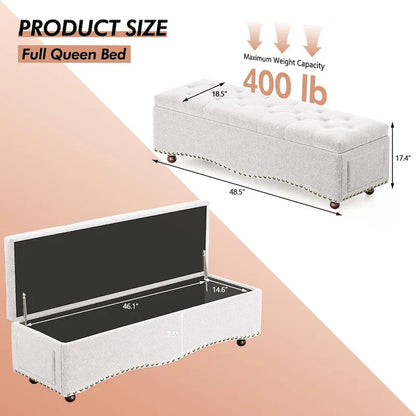 Banc coffre ottoman capitonné de 48,5 cm avec garnitures cloutées et 2 grandes poches latérales pour chambre, salon, entrée
