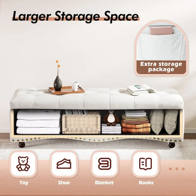 Banc coffre ottoman capitonné de 48,5 cm avec garnitures cloutées et 2 grandes poches latérales pour chambre, salon, entrée