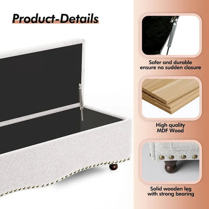 Banc coffre ottoman capitonné de 48,5 cm avec garnitures cloutées et 2 grandes poches latérales pour chambre, salon, entrée