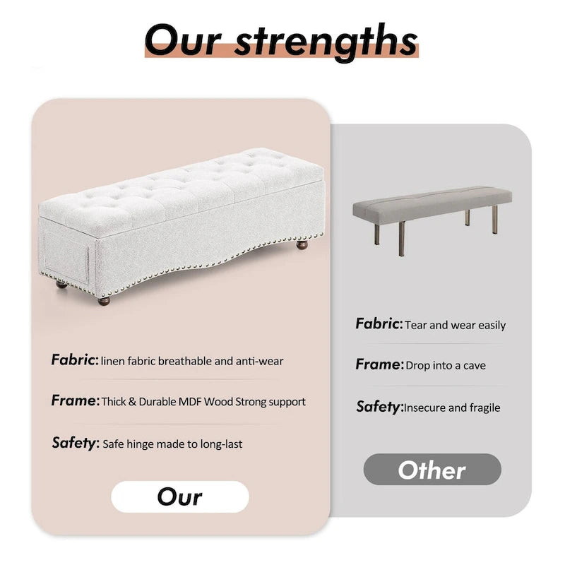 Banc coffre ottoman capitonné de 48,5 cm avec garnitures cloutées et 2 grandes poches latérales pour chambre, salon, entrée