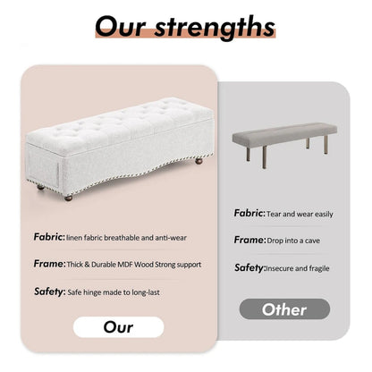 Banc coffre ottoman capitonné de 48,5 cm avec garnitures cloutées et 2 grandes poches latérales pour chambre, salon, entrée