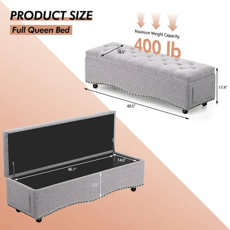 Banc coffre ottoman capitonné de 48,5 cm avec garnitures cloutées et 2 grandes poches latérales pour chambre, salon, entrée