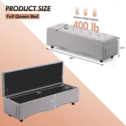 Banc coffre ottoman capitonné de 48,5 cm avec garnitures cloutées et 2 grandes poches latérales pour chambre, salon, entrée