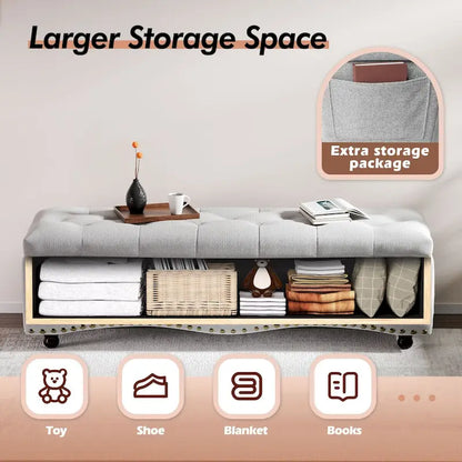 Banc coffre ottoman capitonné de 48,5 cm avec garnitures cloutées et 2 grandes poches latérales pour chambre, salon, entrée
